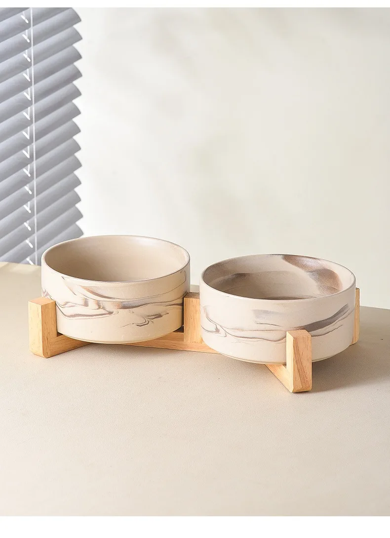 Marbling Ceramic Cat and Dog Bowl Medium Large Dog Feeding and Feeding Double Bowl with Wooden Rack Pet Puppy Accessories Marbling Ceramic Cat and Dog Bowl Medium Large Dog Feeding and Feeding Double Bowl with Wooden Rack Pet Puppy Accessories
