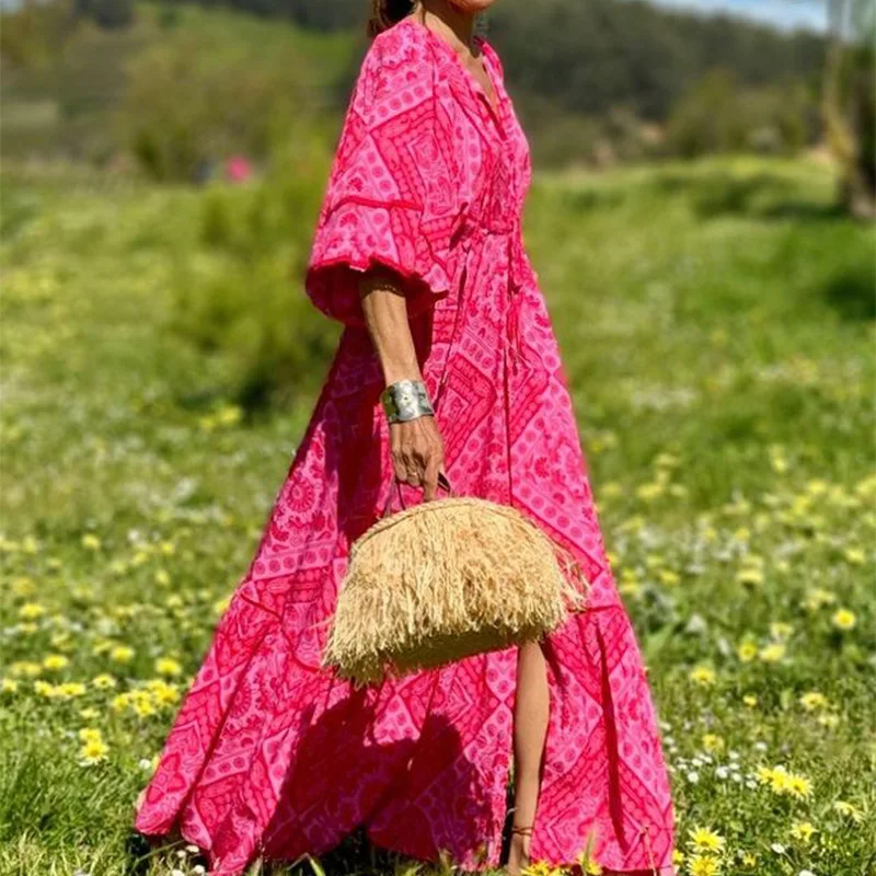 BAMBOOBOY Summer High-waisted Tied Loose-fit Long Dress Side Slit 3/4 Sleeve Printing V-neck Bohemian Casual Red Sundress
