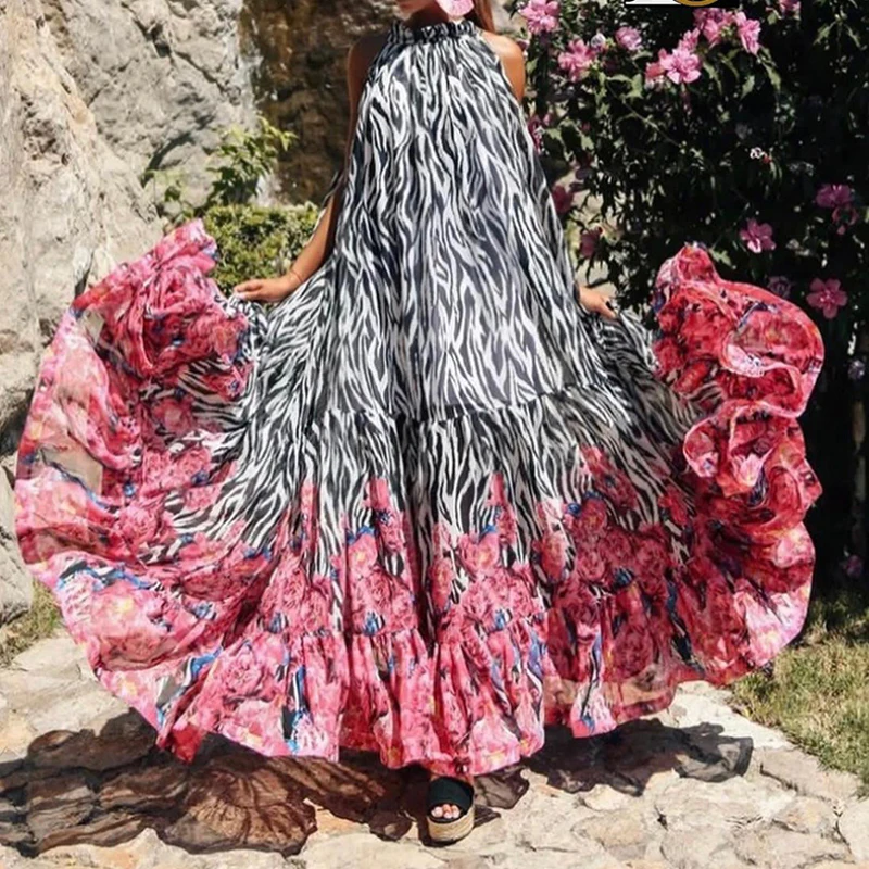 Sexy Summer Party Dress Women Fashion Bow Straps High Waist Pleated Beach Dress Chiffon Casual Floral Print Bohemian Long Dress Sexy Summer Party Dress Women Fashion Bow Straps High Waist Pleated Beach Dress Chiffon Casual Floral Print Bohemian Long Dress