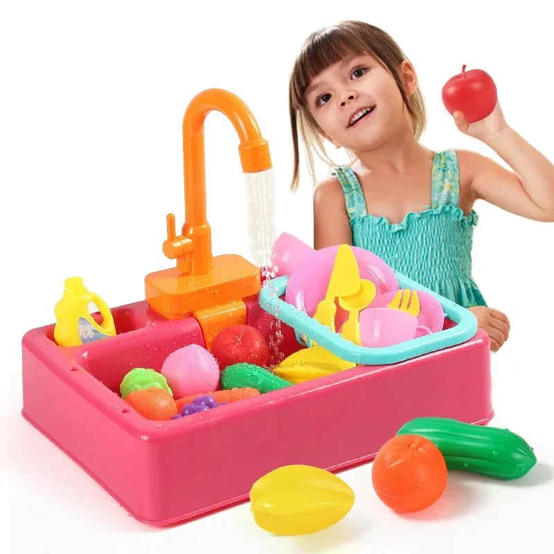 Kid Simulation Electric Dishwasher Wash Sink  Running Water Toy Role Playing House Kitchen Pretend Game Food Fruit Girl Boy Gift