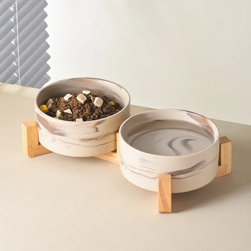 Marbling Ceramic Cat and Dog Bowl Medium Large Dog Feeding and Feeding Double Bowl with Wooden Rack Pet Puppy Accessories Marbling Ceramic Cat and Dog Bowl Medium Large Dog Feeding and Feeding Double Bowl with Wooden Rack Pet Puppy Accessories