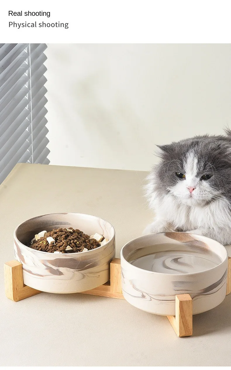 Marbling Ceramic Cat and Dog Bowl Medium Large Dog Feeding and Feeding Double Bowl with Wooden Rack Pet Puppy Accessories Marbling Ceramic Cat and Dog Bowl Medium Large Dog Feeding and Feeding Double Bowl with Wooden Rack Pet Puppy Accessories