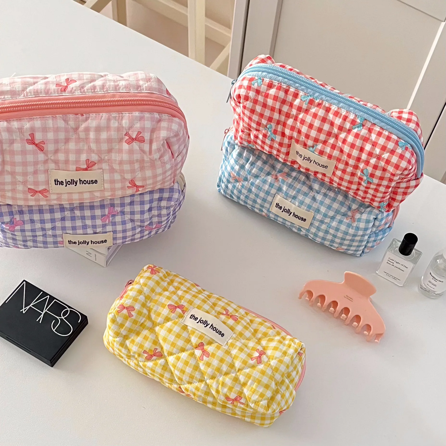 Fresh Plaid Bow Print Pencil Case Big Size Pen Bag Quilting Seam Stationary Storage Pouch