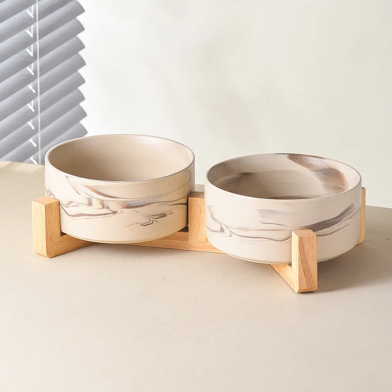 Marbling Ceramic Cat and Dog Bowl Medium Large Dog Feeding and Feeding Double Bowl with Wooden Rack Pet Puppy Accessories Marbling Ceramic Cat and Dog Bowl Medium Large Dog Feeding and Feeding Double Bowl with Wooden Rack Pet Puppy Accessories