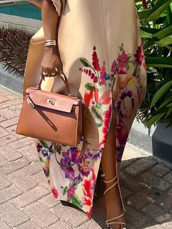 Bonboho Women's Long Dress 2024 Fashion Round Neck Puff Sleeves Floral Print Evening Dresses Split-front Loose Fit Party Dress