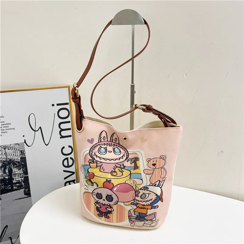 Cartoon LABUBU Canvas Bag for Students Large Capacity Commuting One Shoulder Bucket Crossbody Bag Anime Gift Cartoon LABUBU Canvas Bag for Students Large Capacity Commuting One Shoulder Bucket Crossbody Bag Anime Gift