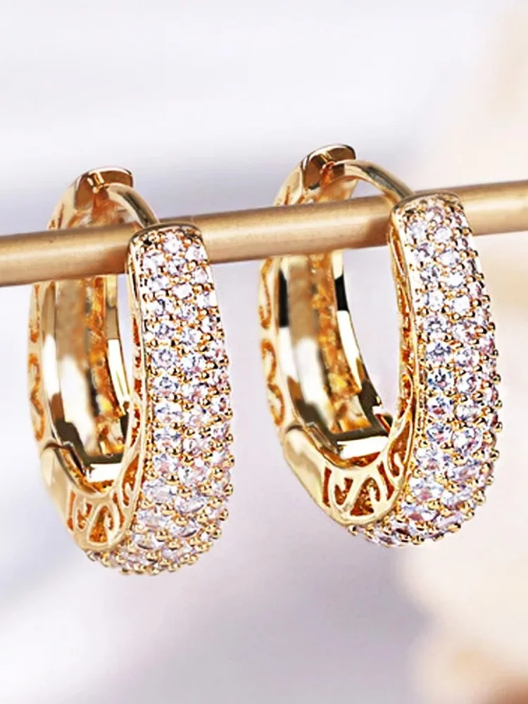 RAKOL Hollow Gold Color Hoop Earrings for Women Paved Dazzling CZ Stone Luxury Trendy Female Circle Earrings Statement Jewelry