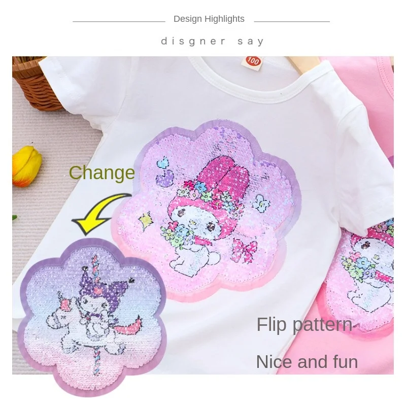 Sanrio Girl Short Sleeve T-Shirt Hello Kitty Kuromi Cinnamoroll Girls' Cotton Material T-shirt Multi Colored Cartoon Pattern Top
