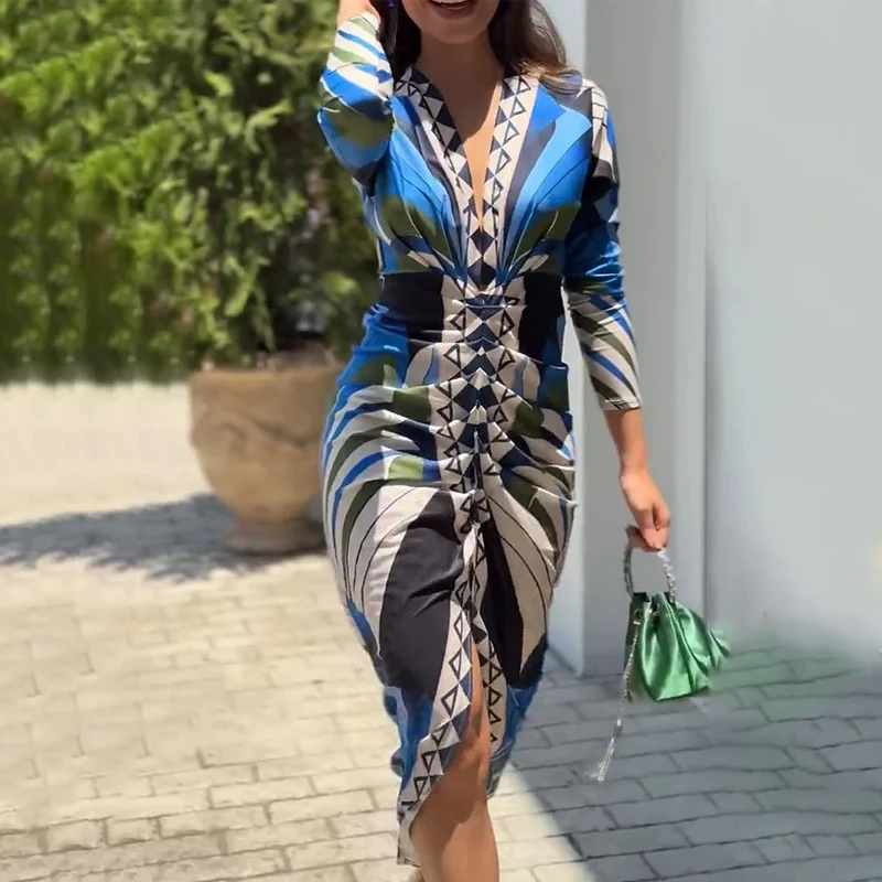 Wefads Long Dress Women Clothing Printed Long Sleeve V Neck Pleated Nipped Waist Slim Slit Casual Dresses Streetwear Wefads Long Dress Women Clothing Printed Long Sleeve V Neck Pleated Nipped Waist Slim Slit Casual Dresses Streetwear