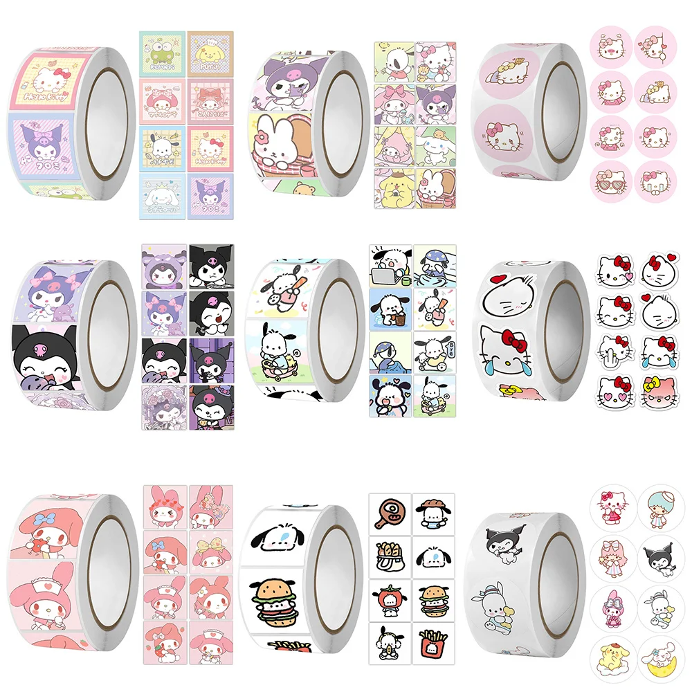 500Pcs/Roll Sanrio Stickers Kawaii Hello Kitty Melody Kuromi Cinnamoroll Luggage Graffiti Decals Kid Toy Decoration Sticker Gift