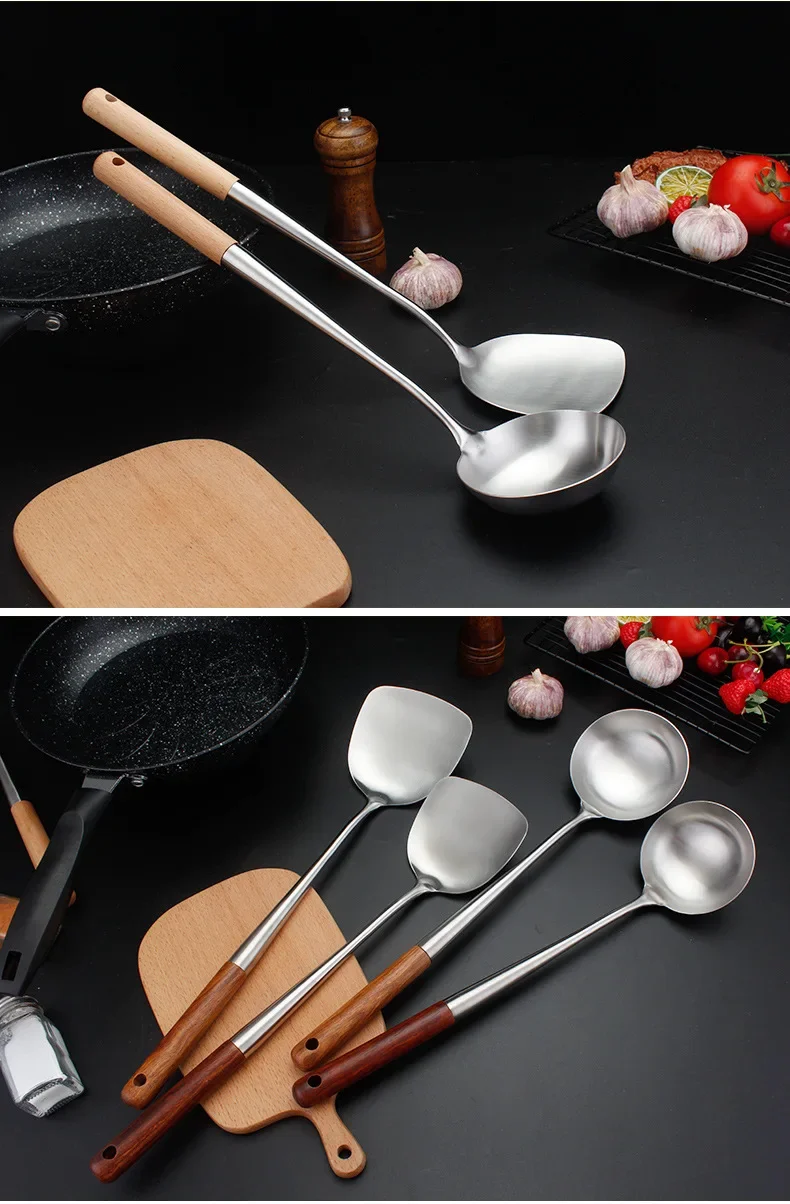 304 Stainless Steel Spatula Spoon With Wooden Handle Lengthened Cooking Spoon Anti-Scalding Cooking Shovel Kitchenware 304 Stainless Steel Spatula Spoon With Wooden Handle Lengthened Cooking Spoon Anti-Scalding Cooking Shovel Kitchenware