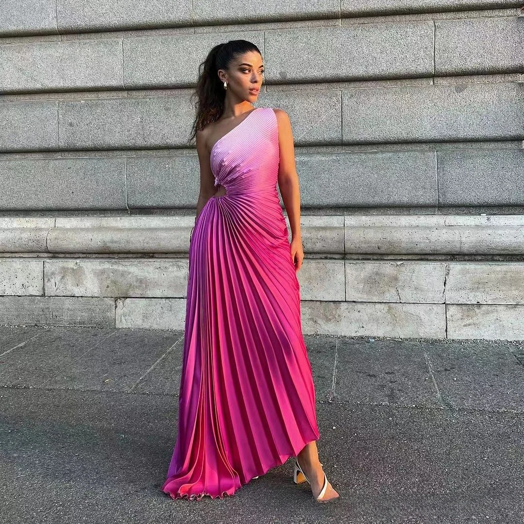 Suninheart One Shoulder Summer Gradient Dresses for Women Pleated Long Party Dresses Elegant Cut Out Dress