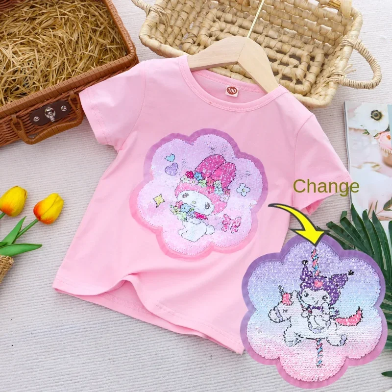 Sanrio Girl Short Sleeve T-Shirt Hello Kitty Kuromi Cinnamoroll Girls' Cotton Material T-shirt Multi Colored Cartoon Pattern Top