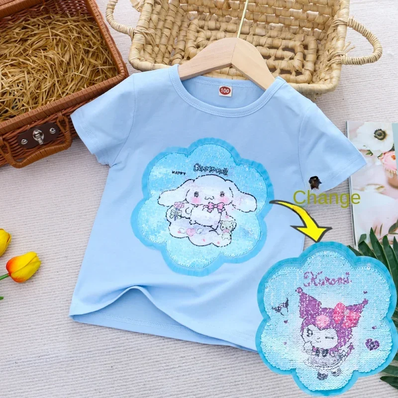 Sanrio Girl Short Sleeve T-Shirt Hello Kitty Kuromi Cinnamoroll Girls' Cotton Material T-shirt Multi Colored Cartoon Pattern Top