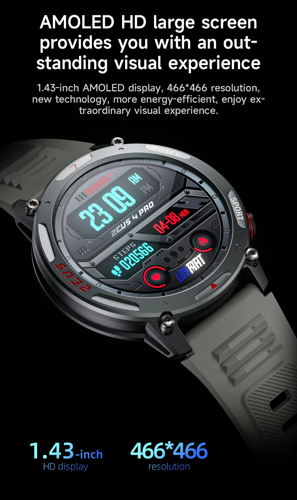 LOKMAT ZEUS 4 PRO Smart Watch 1.43 Amoled Round Screen BT Calls Smartwatches Fitness Tracker Heart Rate Monitor for Smart Phone