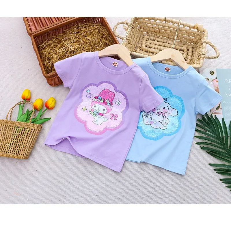 Sanrio Girl Short Sleeve T-Shirt Hello Kitty Kuromi Cinnamoroll Girls' Cotton Material T-shirt Multi Colored Cartoon Pattern Top