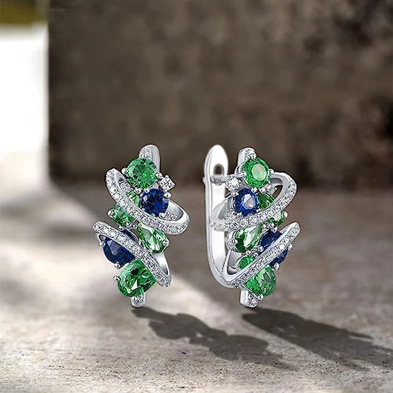 Huitan Green/Blue Cubic Zirconia Hoop Earrings for Women New Temperament Elegant Bridal Wedding Party Earrings Trendy Jewelry Huitan Green/Blue Cubic Zirconia Hoop Earrings for Women New Temperament Elegant Bridal Wedding Party Earrings Trendy Jewelry