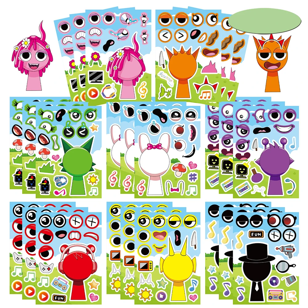 8/16Sheets Incredibox Sprunki Funny Puzzle Sticker Make a Face Decals Game Kids Toys Cartoon Assemble Jigsaw Children Party Gift
