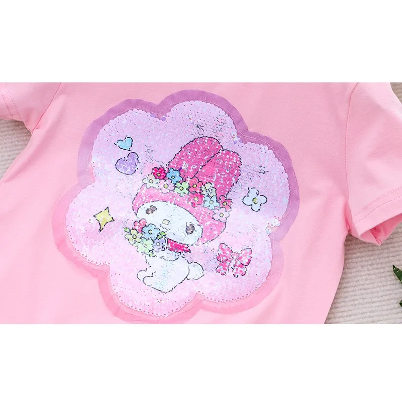 Sanrio Girl Short Sleeve T-Shirt Hello Kitty Kuromi Cinnamoroll Girls' Cotton Material T-shirt Multi Colored Cartoon Pattern Top