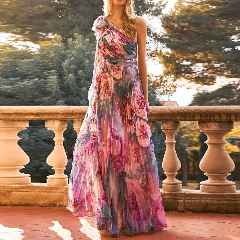Sexy Summer Party Dress Women Fashion Bow Straps High Waist Pleated Beach Dress Chiffon Casual Floral Print Bohemian Long Dress Sexy Summer Party Dress Women Fashion Bow Straps High Waist Pleated Beach Dress Chiffon Casual Floral Print Bohemian Long Dress