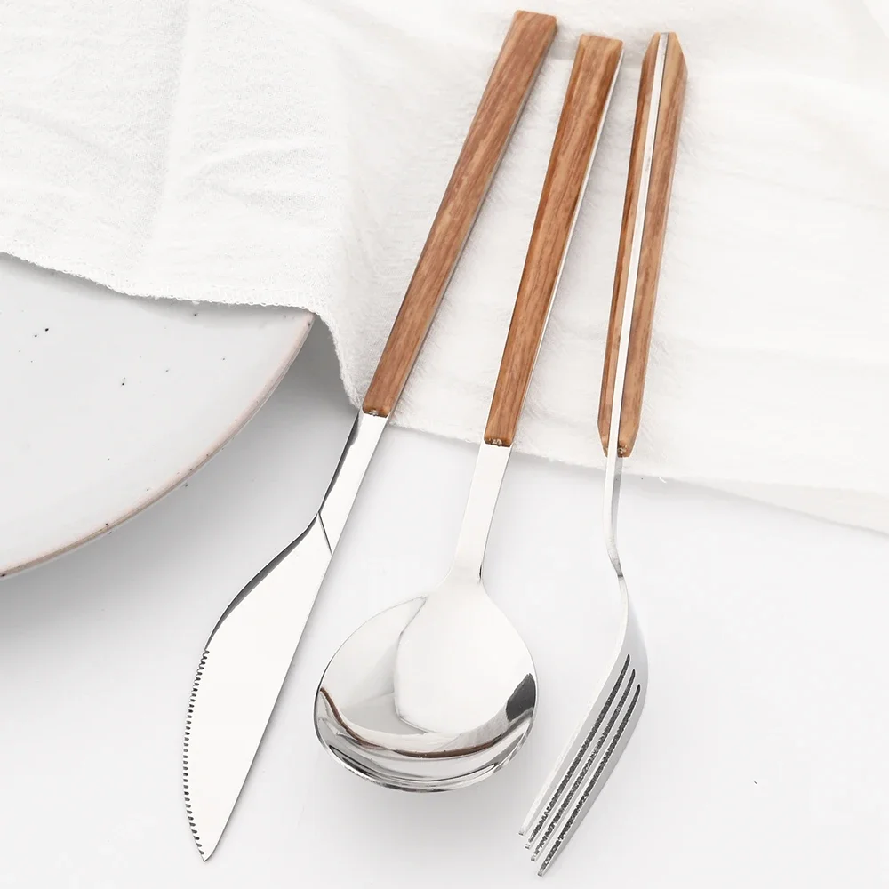 16/24/30Pcs Stainless Steel Imitation Wooden Handle Cutlery Set Dinnerware Clamp Western Tableware Knife Fork Tea Spoon 16/24/30Pcs Stainless Steel Imitation Wooden Handle Cutlery Set Dinnerware Clamp Western Tableware Knife Fork Tea Spoon