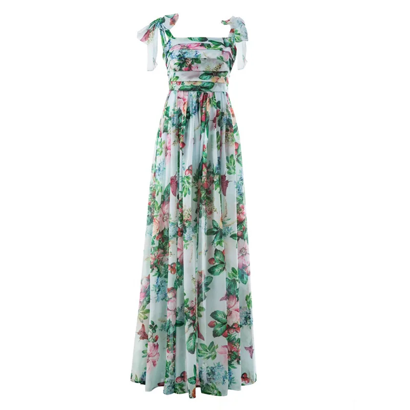 Sexy Summer Party Dress Women Fashion Bow Straps High Waist Pleated Beach Dress Chiffon Casual Floral Print Bohemian Long Dress Sexy Summer Party Dress Women Fashion Bow Straps High Waist Pleated Beach Dress Chiffon Casual Floral Print Bohemian Long Dress