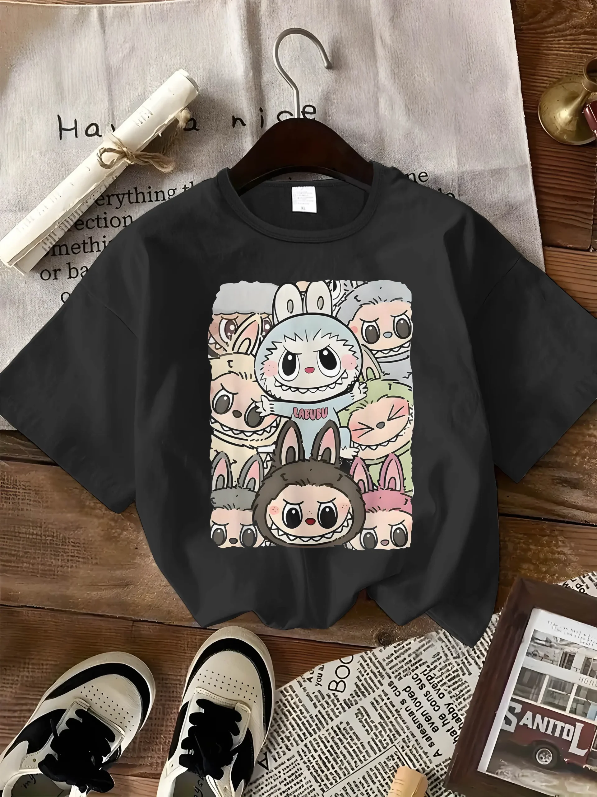 Cute Labubu Design T-shirt With A Classic Labubu Pose Is Suitable For Women's Casual Sportswear, Perfect For All Seasons Cute Labubu Design T-shirt With A Classic Labubu Pose Is Suitable For Women's Casual Sportswear, Perfect For All Seasons