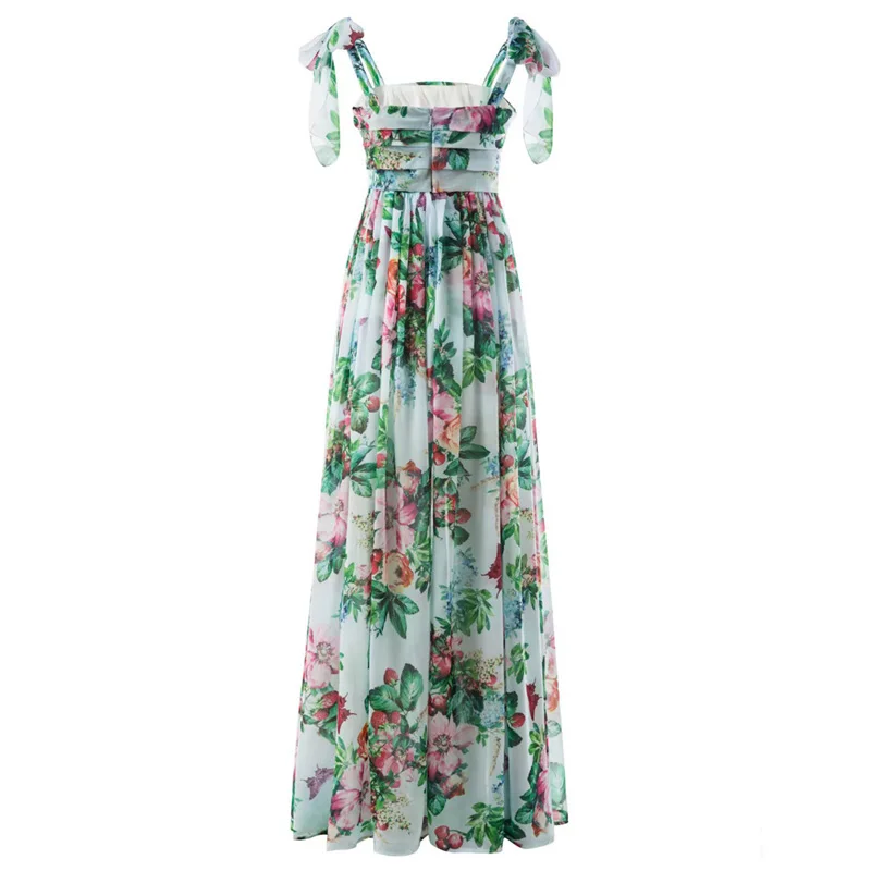 Sexy Summer Party Dress Women Fashion Bow Straps High Waist Pleated Beach Dress Chiffon Casual Floral Print Bohemian Long Dress Sexy Summer Party Dress Women Fashion Bow Straps High Waist Pleated Beach Dress Chiffon Casual Floral Print Bohemian Long Dress