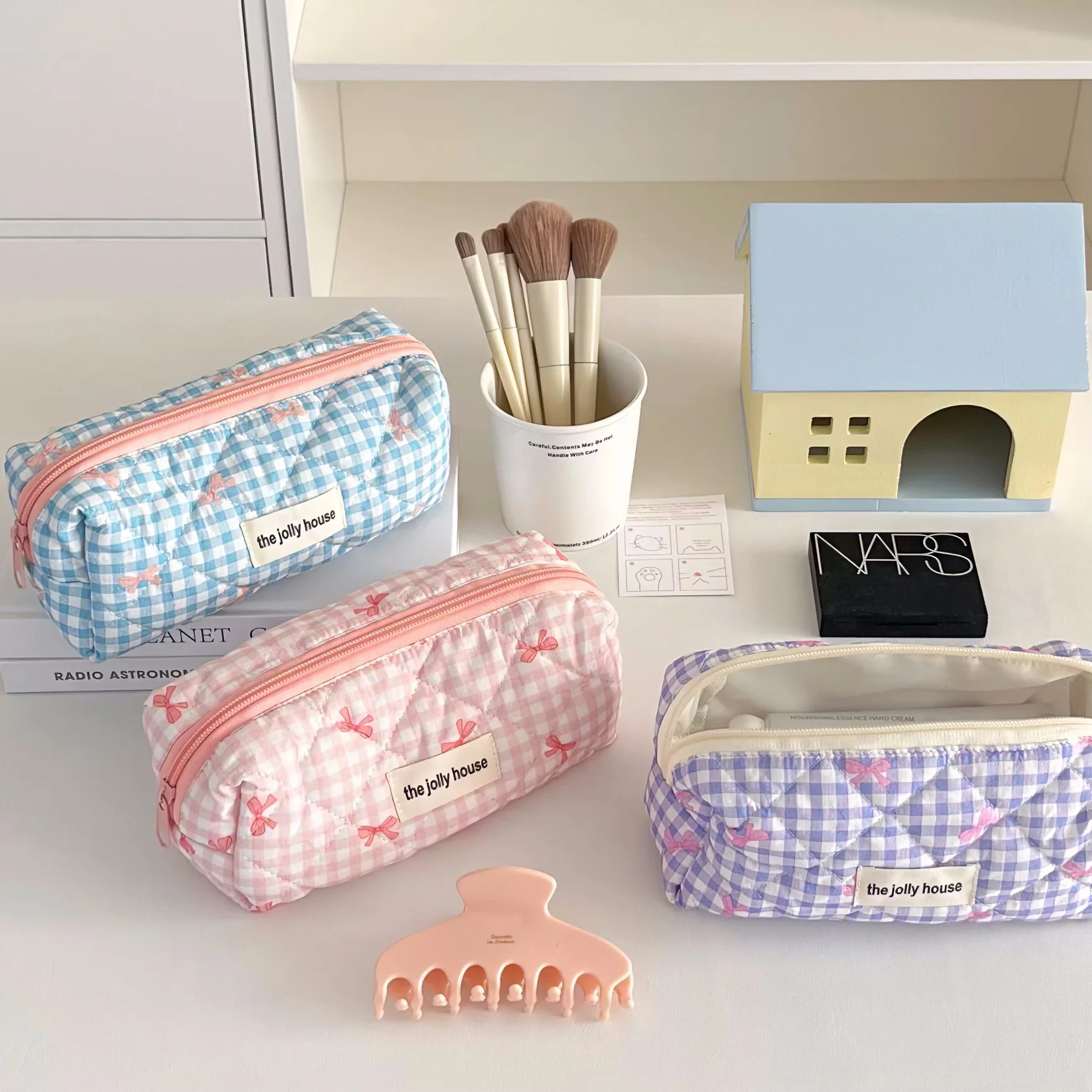 Fresh Plaid Bow Print Pencil Case Big Size Pen Bag Quilting Seam Stationary Storage Pouch