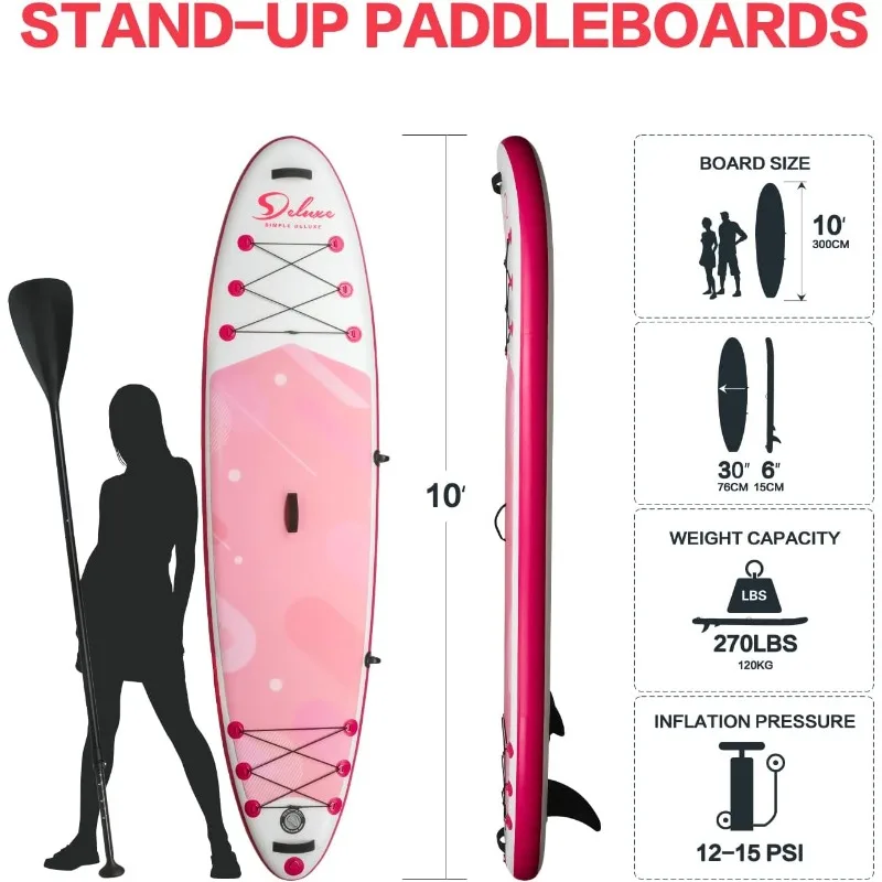 Inflatable Stand Up Paddle Board – Simple Deluxe Premium SUP for All Skill Levels, Pink Paddle Boards for Adults & Youth