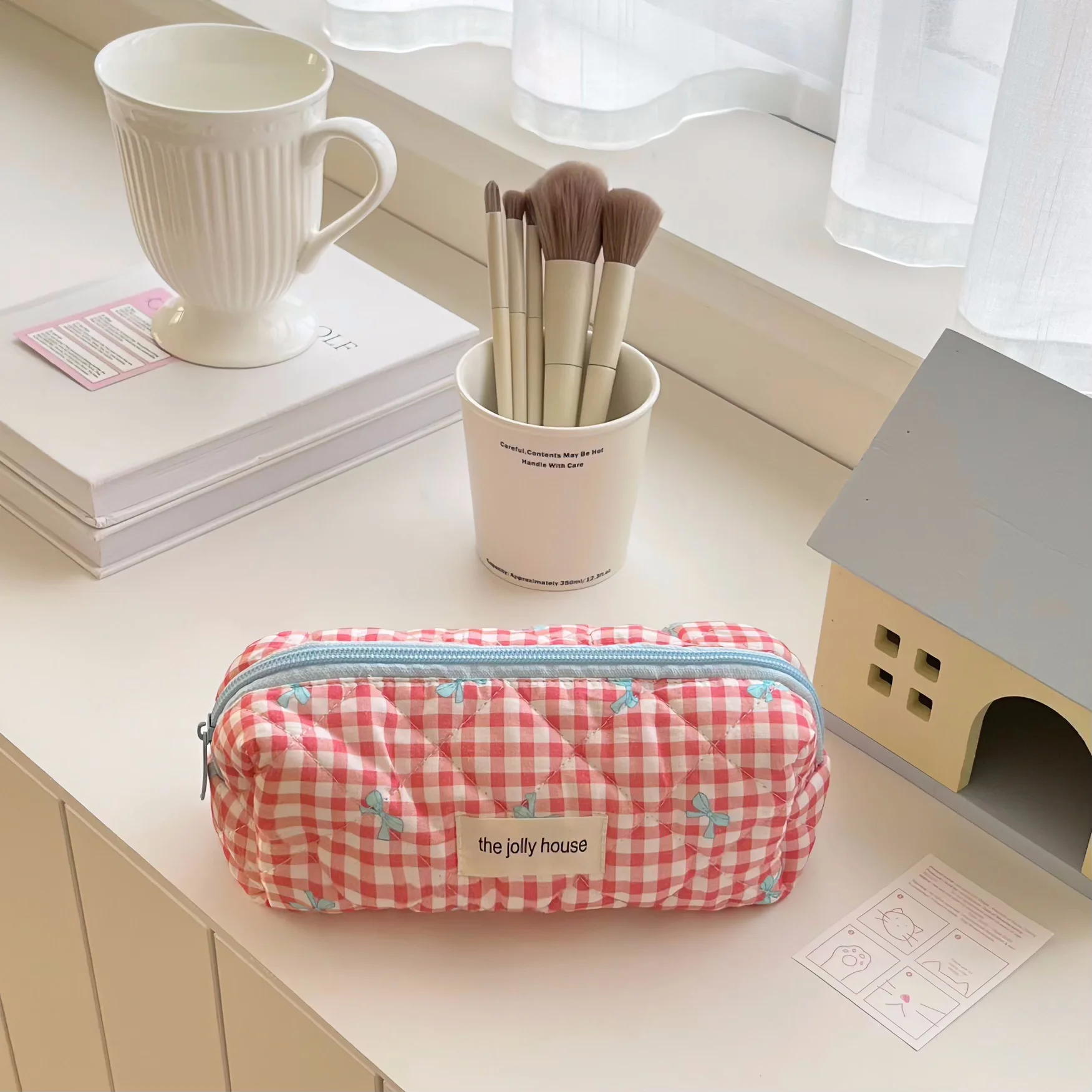 Fresh Plaid Bow Print Pencil Case Big Size Pen Bag Quilting Seam Stationary Storage Pouch