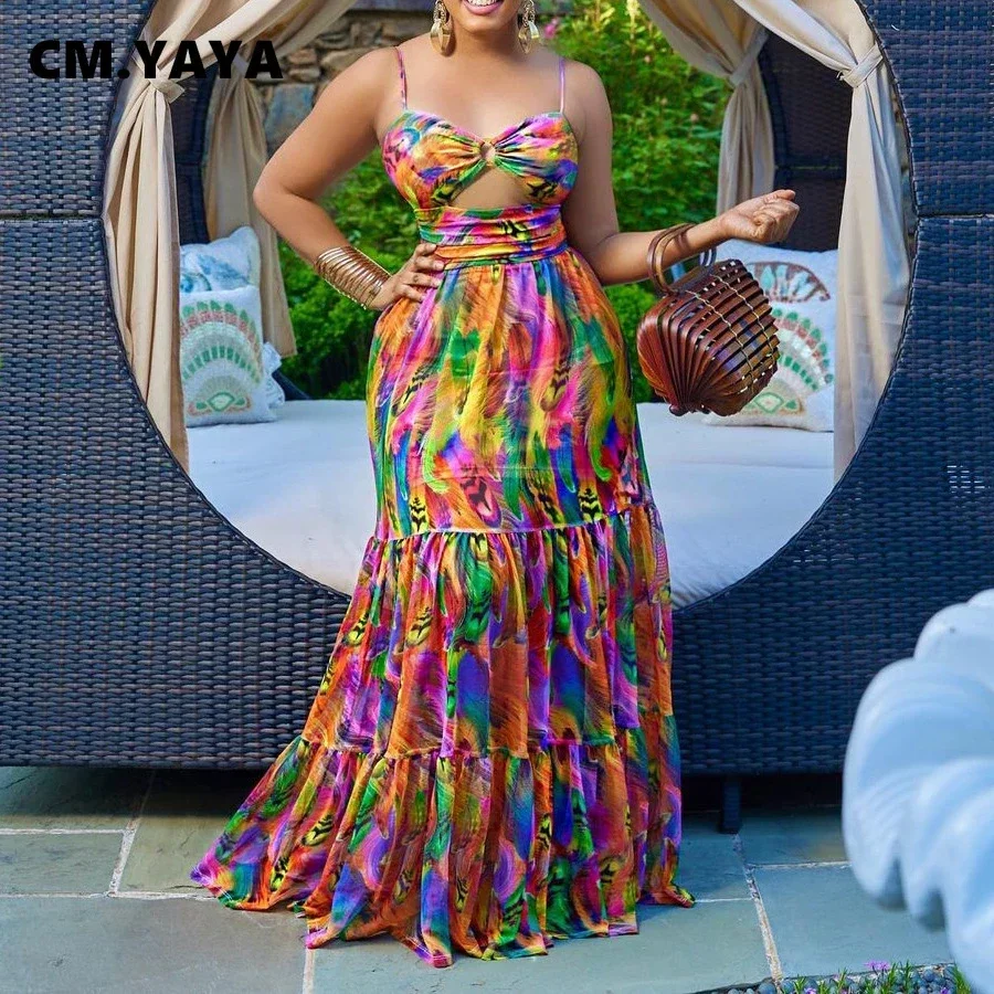 CMYAYA Elegant Women Spaghetti Strap Cutout Waist High Waist Big Swing Fit and Flare Maxi Long Dress 2022 Beach Sexy Boho Dress