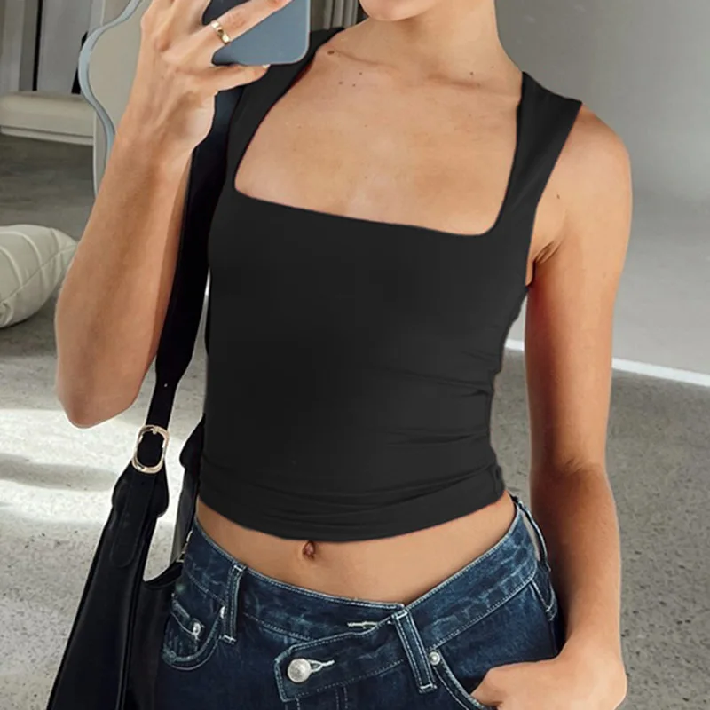 Sleeveless  Collar Crop Top Women Tank Tops Casual   Y2K  Summer 2024  Black T Shirts Sexy
