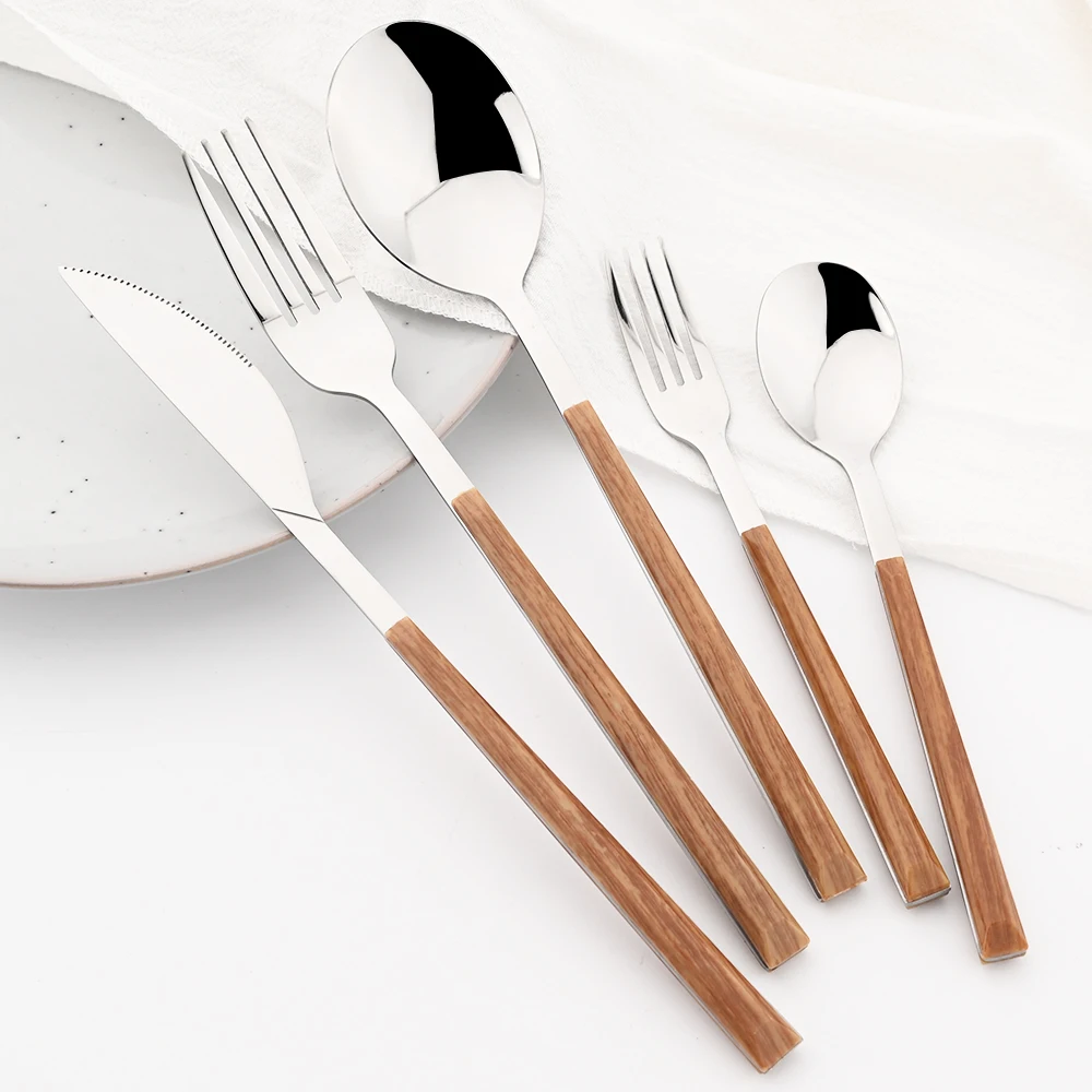 Imitation Wood Handle Cutlery Set Western Stainless Steel Tableware Set 16/24/30Pcs Kitchen Knife Fork Spoon Dinnerware Set Imitation Wood Handle Cutlery Set Western Stainless Steel Tableware Set 16/24/30Pcs Kitchen Knife Fork Spoon Dinnerware Set