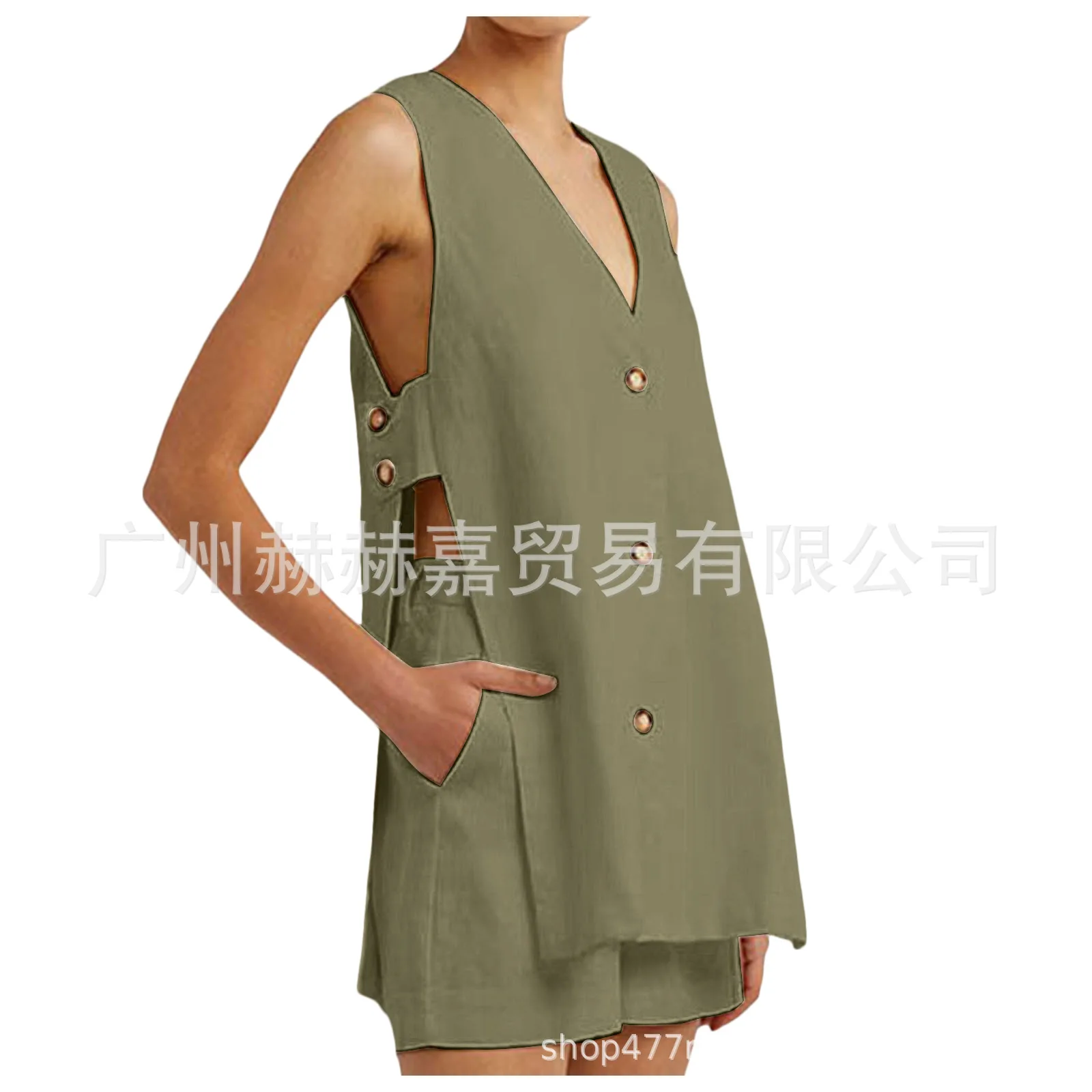 White Cotton Set For Women's Fashion Sexy Hollow Button Long Sleeveless Top Shorts Elastic Waist Comfortable Home Suit Women's White Cotton Set For Women's Fashion Sexy Hollow Button Long Sleeveless Top Shorts Elastic Waist Comfortable Home Suit Women's