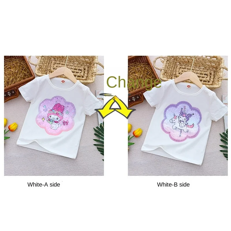 Sanrio Girl Short Sleeve T-Shirt Hello Kitty Kuromi Cinnamoroll Girls' Cotton Material T-shirt Multi Colored Cartoon Pattern Top
