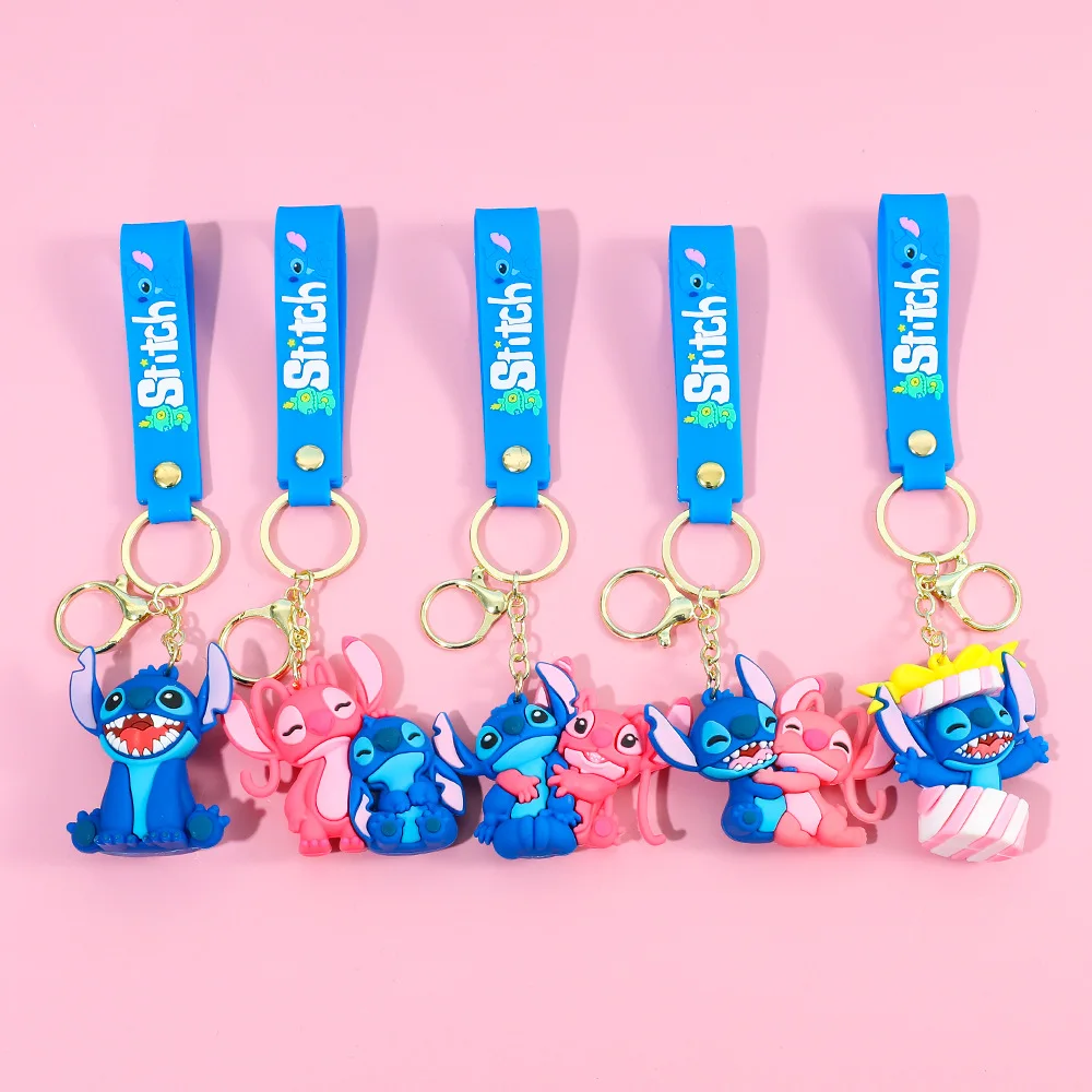 MINISO Cartoon Stitch and Angel Keychains Matching Couple Toys for Accessories Bag Key Chain Ring Jewelry Retro Gifts Keyrings