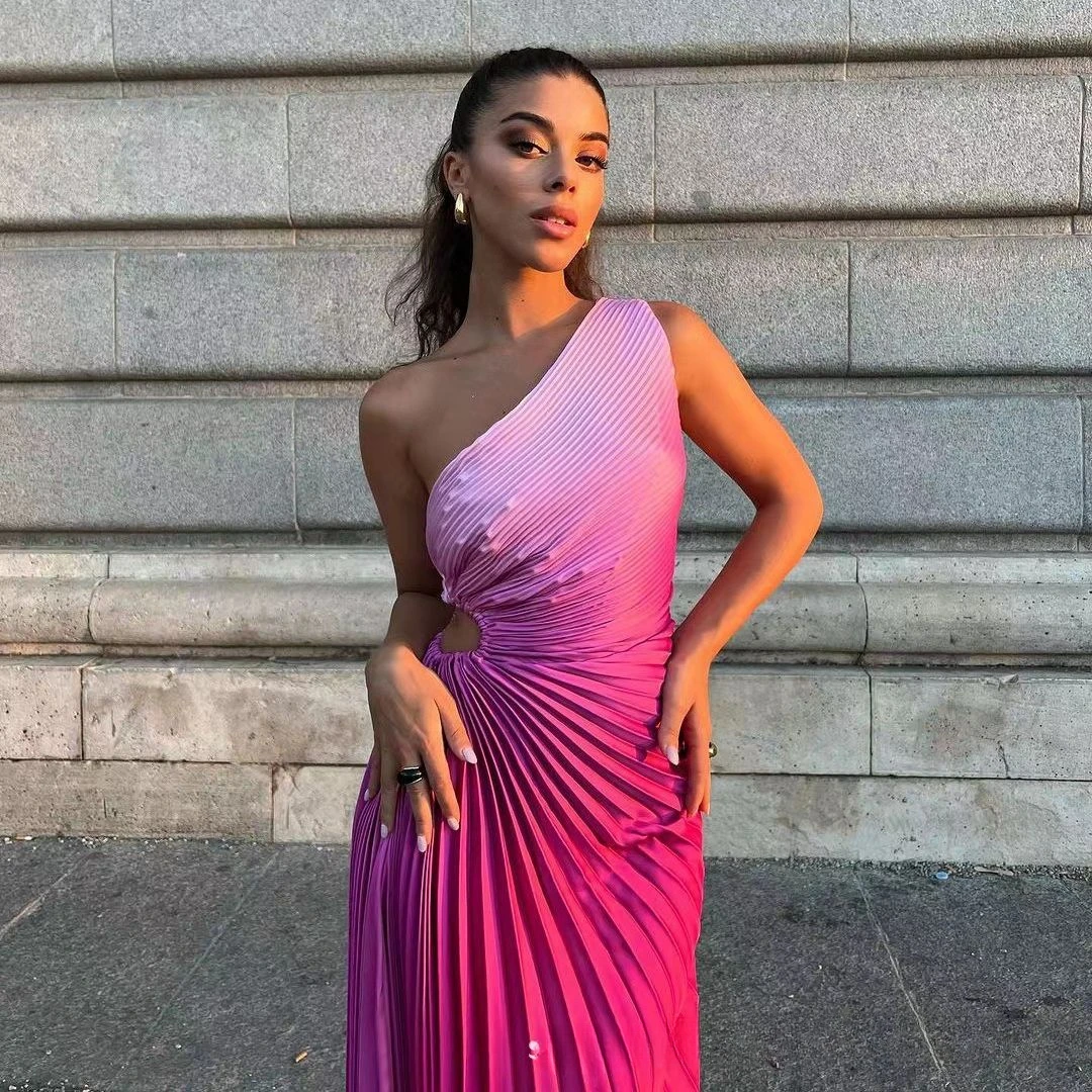 Suninheart One Shoulder Summer Gradient Dresses for Women Pleated Long Party Dresses Elegant Cut Out Dress