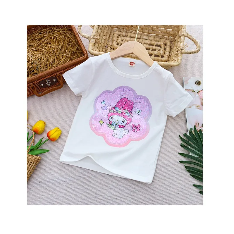 Sanrio Girl Short Sleeve T-Shirt Hello Kitty Kuromi Cinnamoroll Girls' Cotton Material T-shirt Multi Colored Cartoon Pattern Top