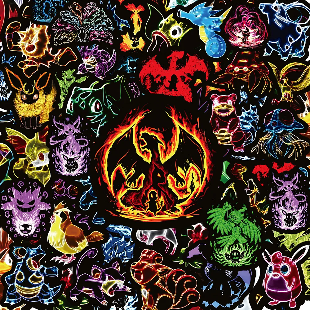 10/30/50/100pcs Cool Neon Light Anime Pokemon Stickers Pikachu Cartoon Decals for Kids Toy Phone Notebook Cool Graffiti Sticker