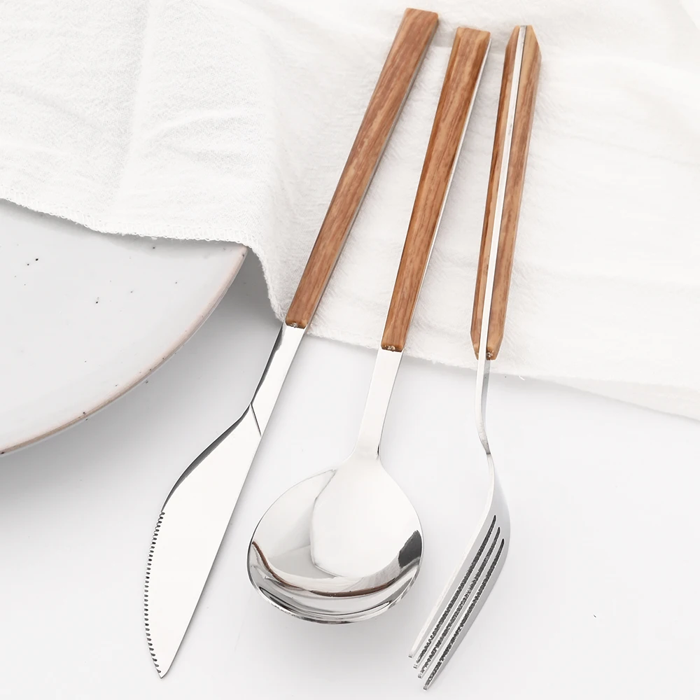 Imitation Wood Handle Cutlery Set Western Stainless Steel Tableware Set 16/24/30Pcs Kitchen Knife Fork Spoon Dinnerware Set Imitation Wood Handle Cutlery Set Western Stainless Steel Tableware Set 16/24/30Pcs Kitchen Knife Fork Spoon Dinnerware Set