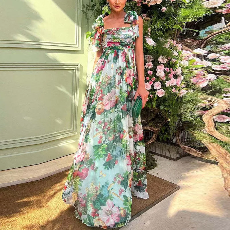Sexy Summer Party Dress Women Fashion Bow Straps High Waist Pleated Beach Dress Chiffon Casual Floral Print Bohemian Long Dress Sexy Summer Party Dress Women Fashion Bow Straps High Waist Pleated Beach Dress Chiffon Casual Floral Print Bohemian Long Dress