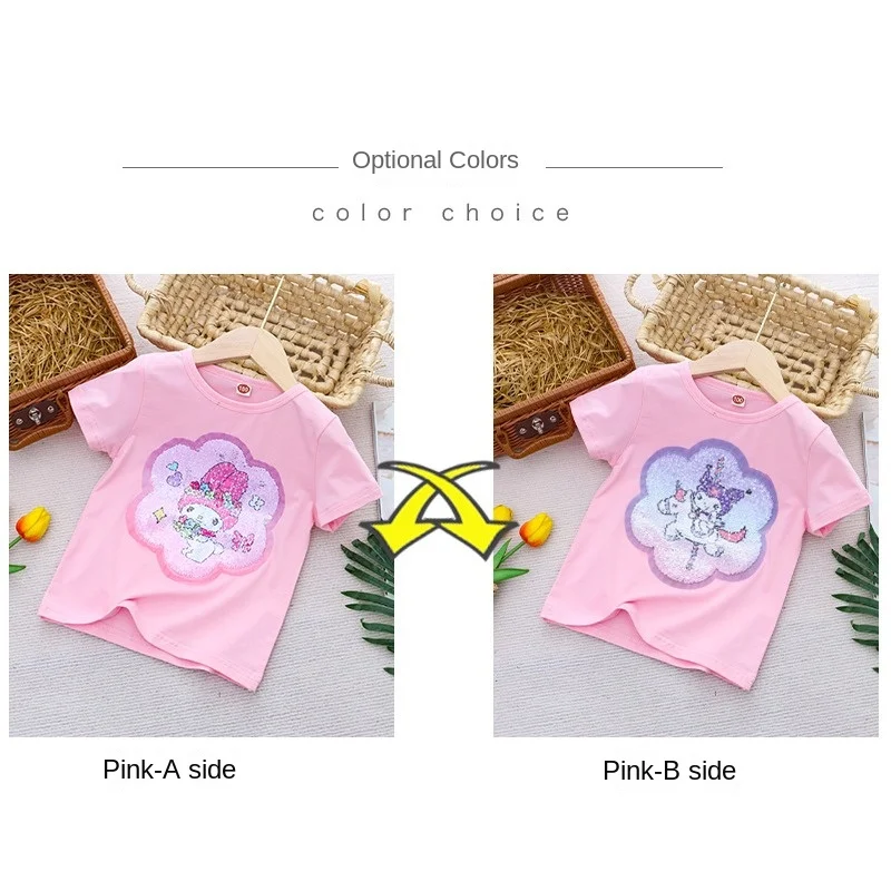 Sanrio Girl Short Sleeve T-Shirt Hello Kitty Kuromi Cinnamoroll Girls' Cotton Material T-shirt Multi Colored Cartoon Pattern Top