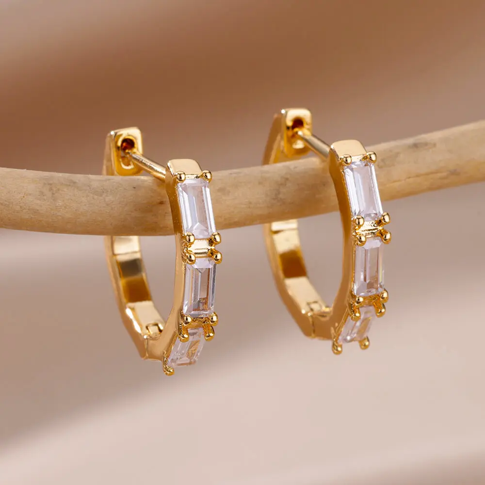 Shiny Zircon Circle Square Hoop Earrings for Women Gold Color Stainless Steel Earrings Luxury Christmas Jewelry Wedding aretes Shiny Zircon Circle Square Hoop Earrings for Women Gold Color Stainless Steel Earrings Luxury Christmas Jewelry Wedding aretes