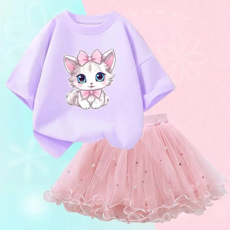 Cute Summer Girls Outfits Cartoon Cat T-shirt and Tutu Skirt 2pc/Set Girl Princess Clothes Suit Children Birthday Clothing Cute Summer Girls Outfits Cartoon Cat T-shirt and Tutu Skirt 2pc/Set Girl Princess Clothes Suit Children Birthday Clothing