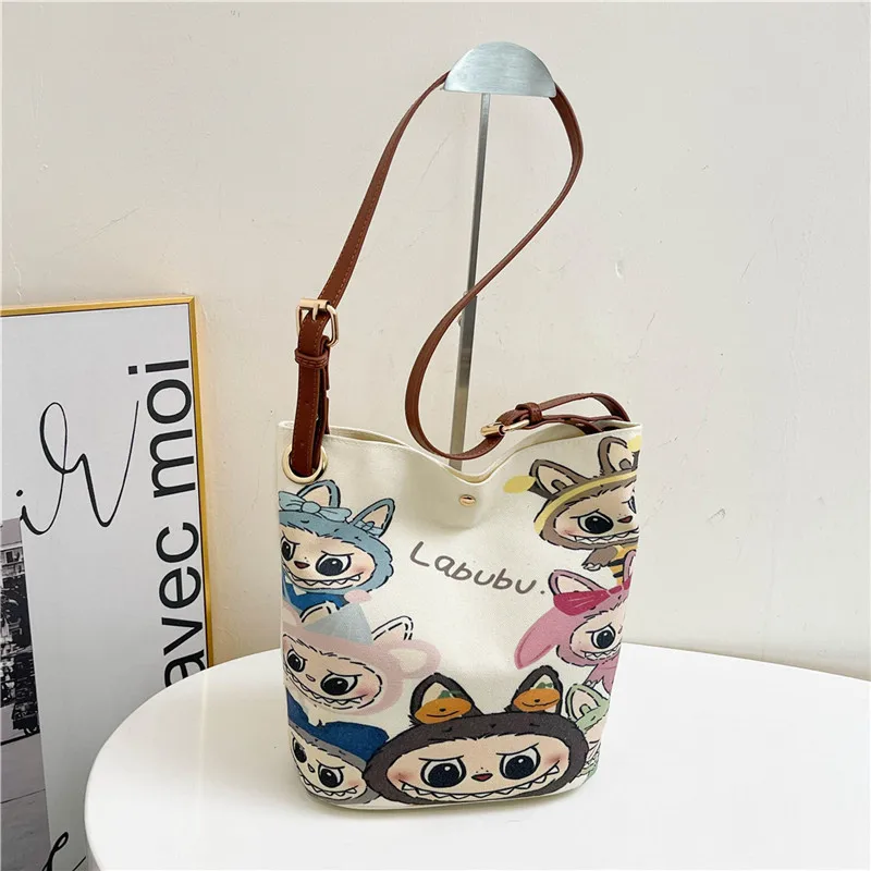 Cartoon LABUBU Canvas Bag for Students Large Capacity Commuting One Shoulder Bucket Crossbody Bag Anime Gift