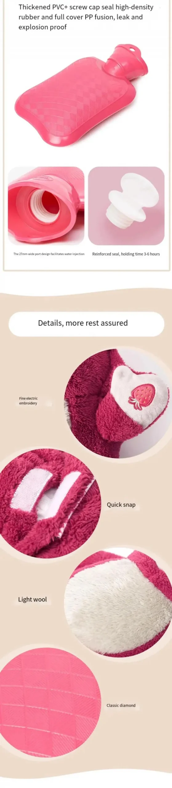 Strawberry Bear Stitch Hot Water Bottle Cute Plush Warm Bag Winter Gift for Girls Dorm Essential