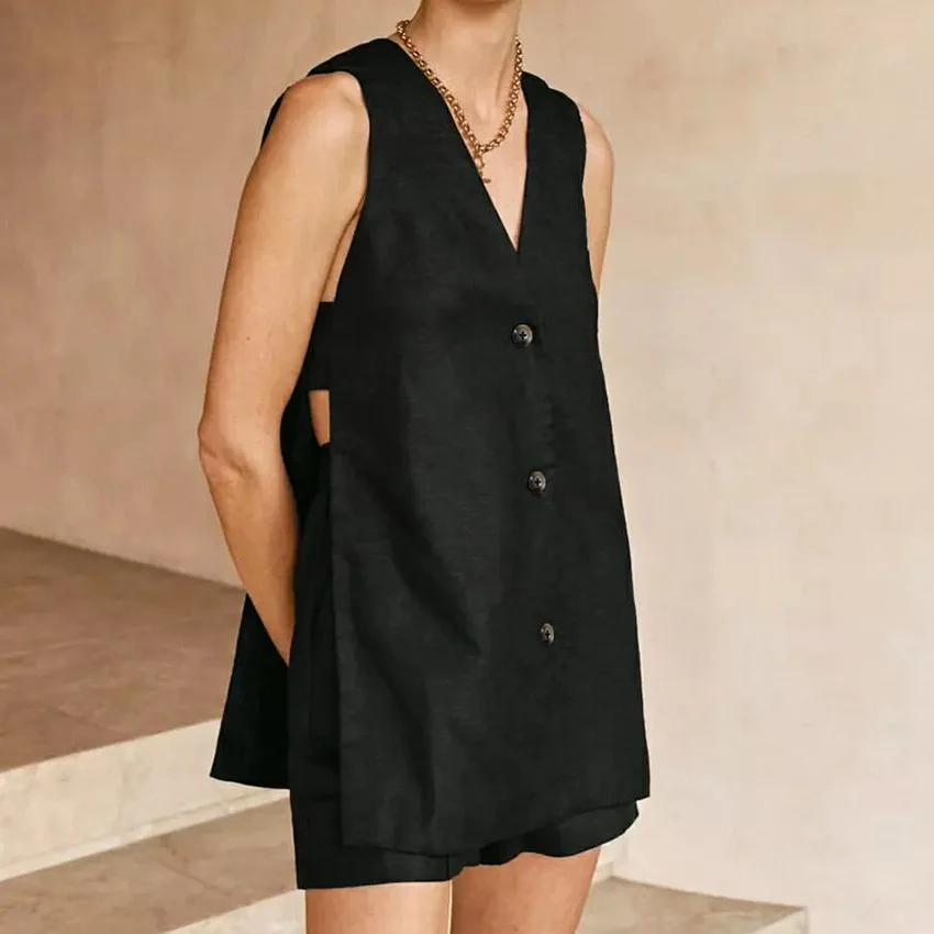 White Cotton Set For Women's Fashion Sexy Hollow Button Long Sleeveless Top Shorts Elastic Waist Comfortable Home Suit Women's White Cotton Set For Women's Fashion Sexy Hollow Button Long Sleeveless Top Shorts Elastic Waist Comfortable Home Suit Women's