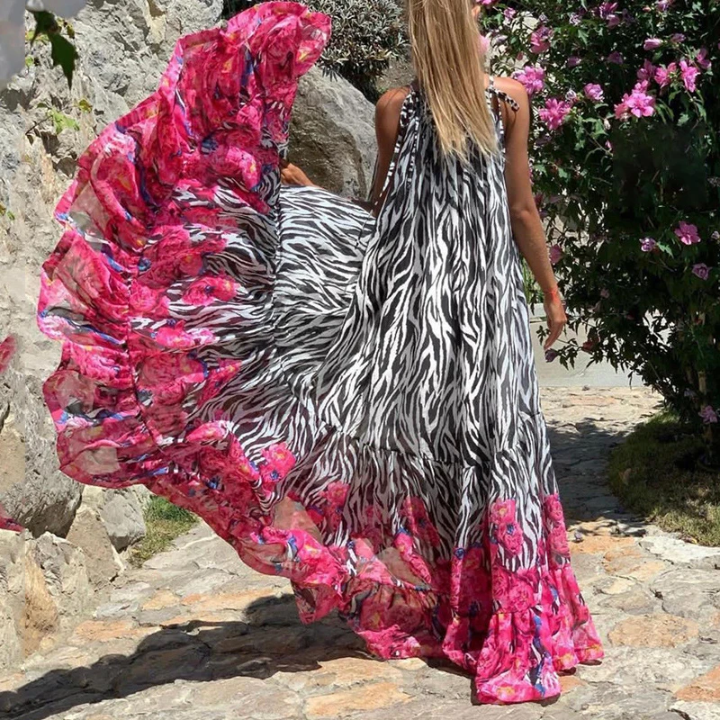 Sexy Summer Party Dress Women Fashion Bow Straps High Waist Pleated Beach Dress Chiffon Casual Floral Print Bohemian Long Dress Sexy Summer Party Dress Women Fashion Bow Straps High Waist Pleated Beach Dress Chiffon Casual Floral Print Bohemian Long Dress