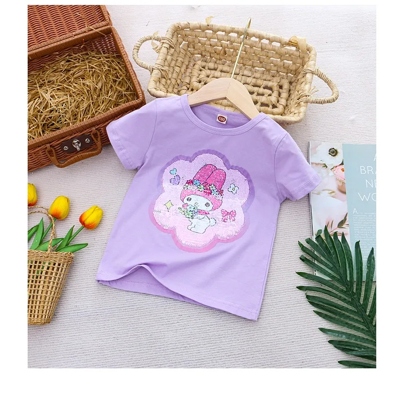 Sanrio Girl Short Sleeve T-Shirt Hello Kitty Kuromi Cinnamoroll Girls' Cotton Material T-shirt Multi Colored Cartoon Pattern Top